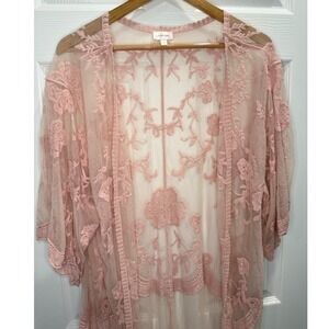 Pink Floral Embroidered Sheer Kimono Duster Lace Boho Romantic Cottagecore M